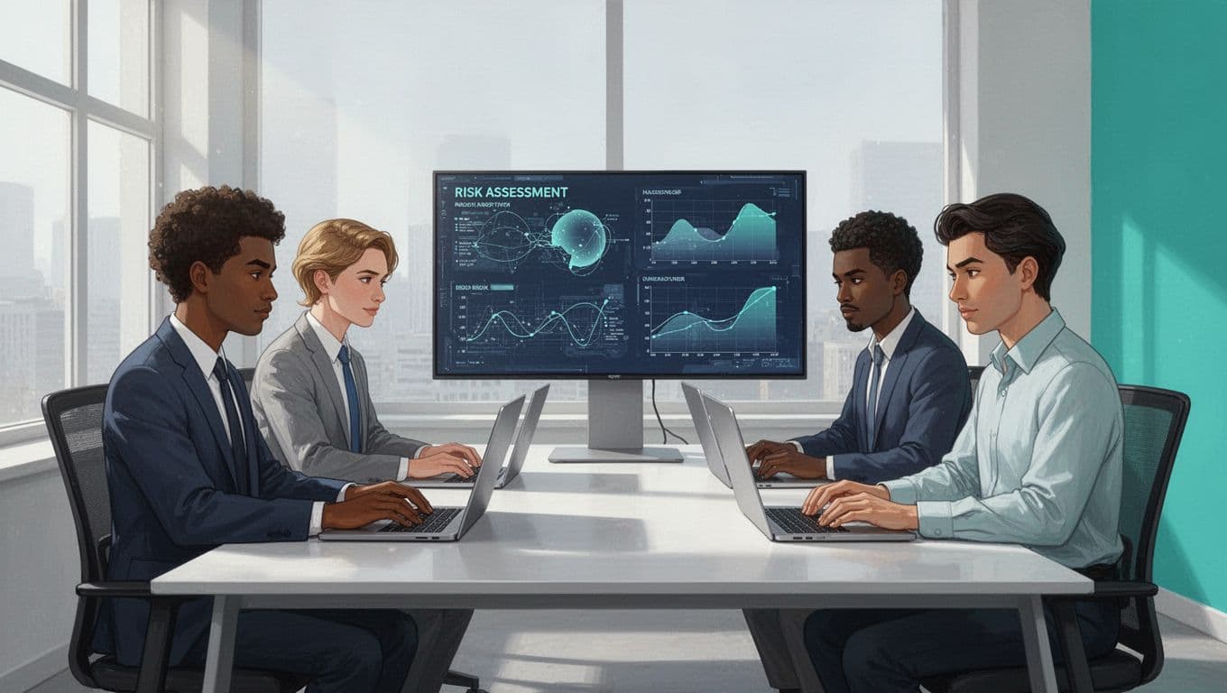 Modern illustration of three diverse cybersecurity experts in a contemporary office reviewing risk assessment reports on laptops and a shared screen, using clean shapes, controlled colors with #22C55E accents on graphs, natural window lighting, strong central composition.