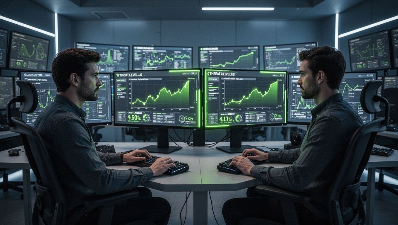 Modern illustration of a cybersecurity team in a control room monitoring dashboard screens showing threat levels dropping after mitigation, with graphs in green downward trends and two relaxed team members collaborating under cool blue lighting.