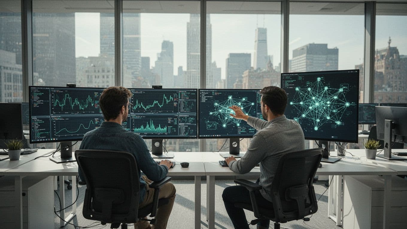 Modern illustration of six cybersecurity professionals in a team setting: SOC analyst monitoring threats, security engineer configuring firewall, cloud security engineer managing access, GRC specialist reviewing compliance, penetration tester scanning vulnerabilities, incident responder analyzing logs, and security architect drawing blueprints, arranged in a collaborative office.