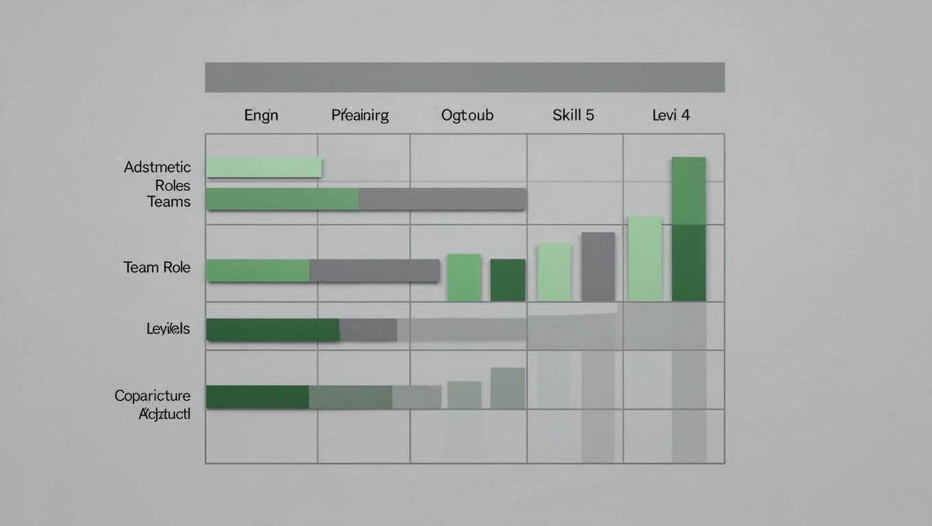 Modern illustration of a simple grid table showing a security team skills matrix with rows for roles like SecOps, GRC, AppSec, CloudSec, IAM and columns for skill levels 1-5 using green filled bars on a neutral gray background.