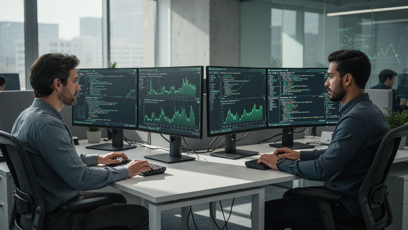 Illustration of a diverse cybersecurity team in a modern open office: SOC analyst monitoring alerts on multiple screens, security engineer at desk with code and firewall diagram, penetration tester with laptop and virtual network map, emphasizing collaboration with clean shapes, cool tones, and green highlights.