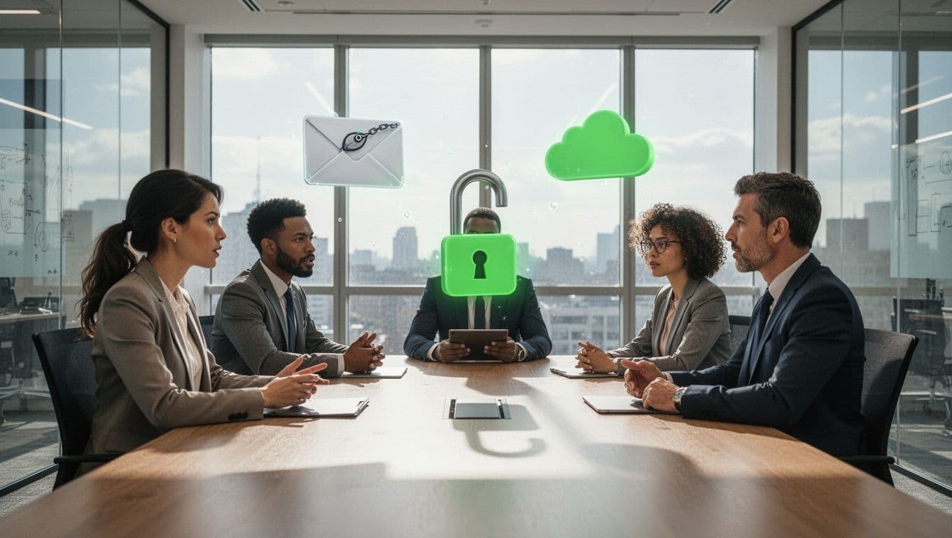 A cybersecurity team of four diverse professionals in a modern conference room gathered around a table discussing risks, with subtle icons above illustrating phishing email, password lock, and cloud shadow IT in a clean modern illustration style.