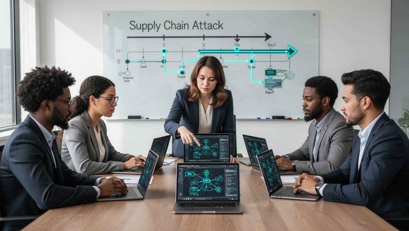 Six professionals around a conference table view laptops displaying network diagrams of a supply chain attack path, with whiteboard timeline in background.