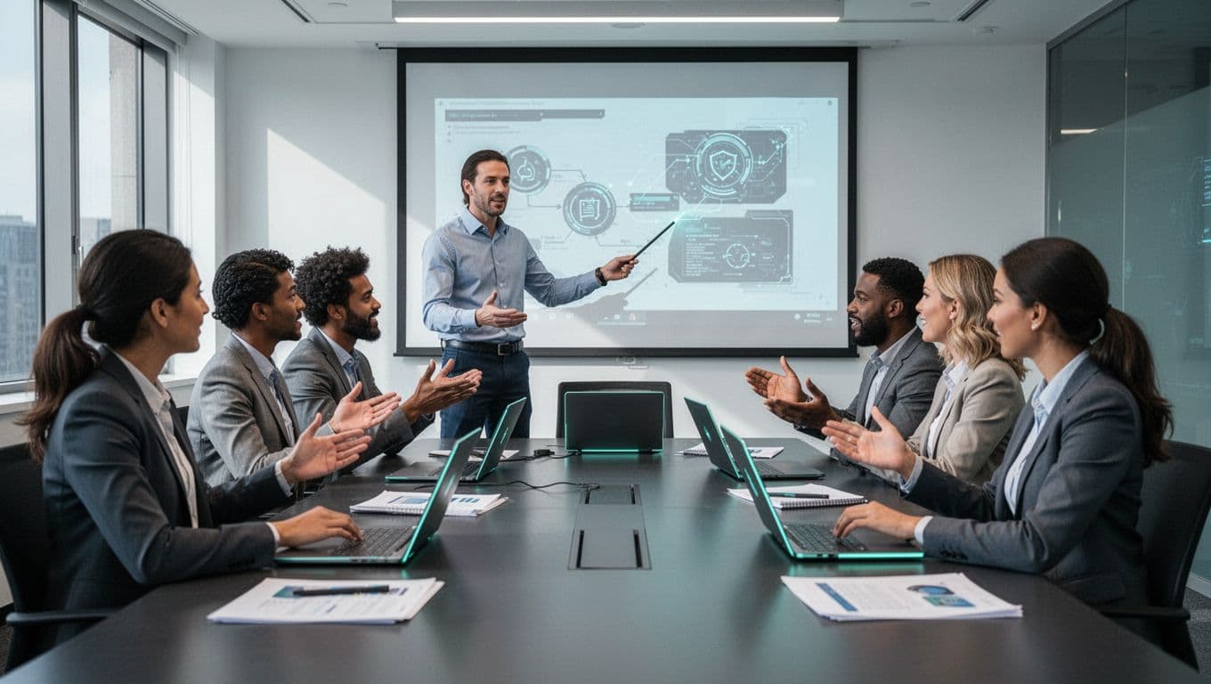 Six diverse cybersecurity professionals discuss a scenario around a conference table, one standing pointing to projector screen.
