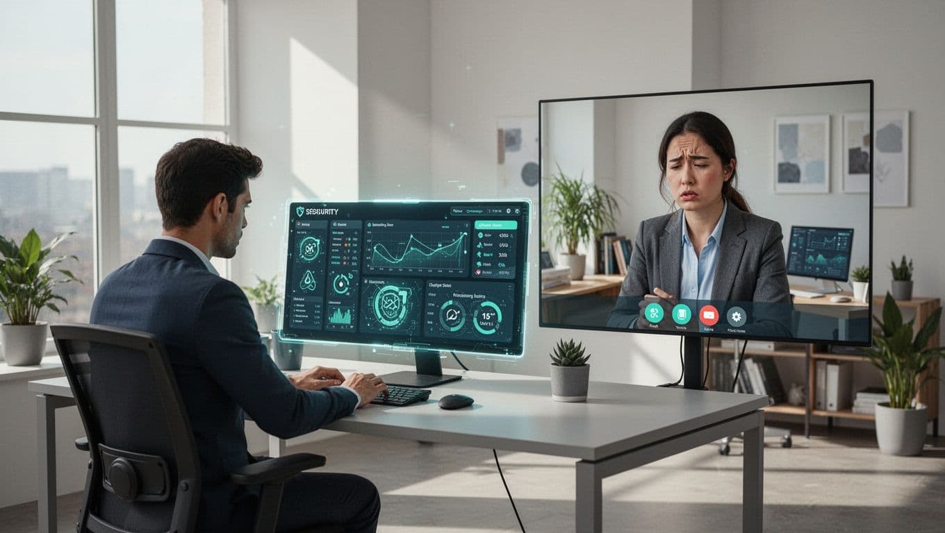 Modern illustration depicting a small cybersecurity team of two professionals facing talent shortage stress: one at a desk with a laptop displaying security alerts in a bright office, the other on a hybrid video call, with subtle stress expressions and clean composition.