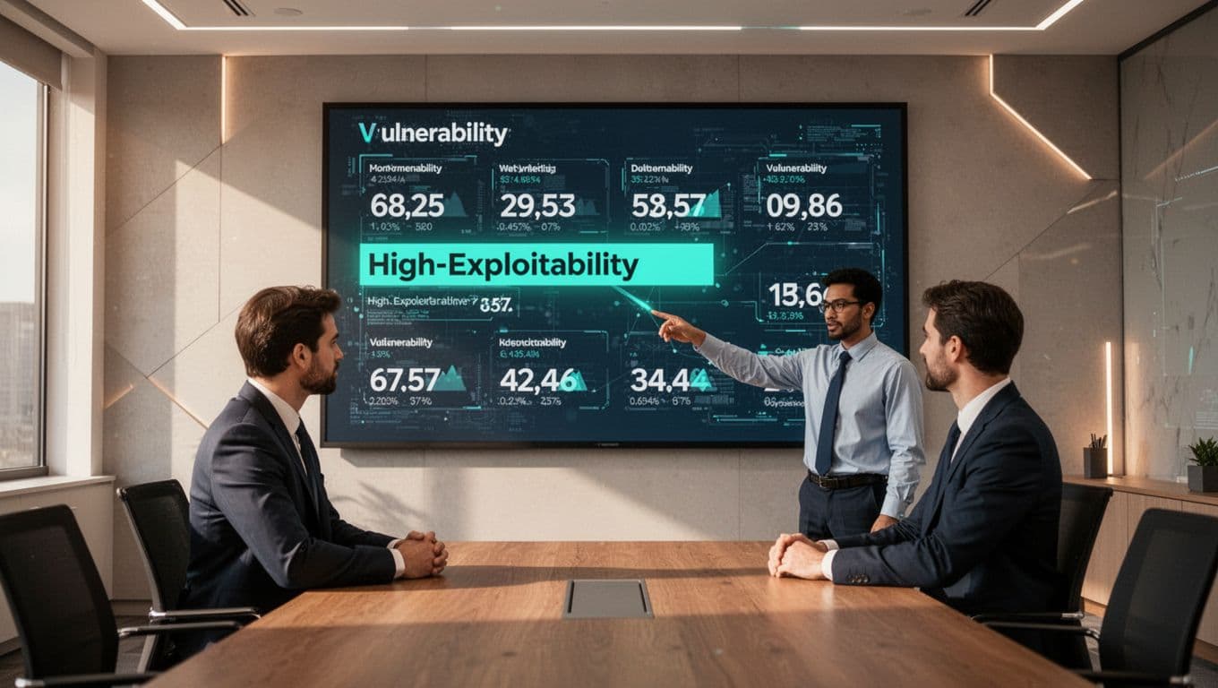 Two analysts in conference room examine large screen dashboard with CVSS and EPSS scores, one points to highlighted high-exploitability item.