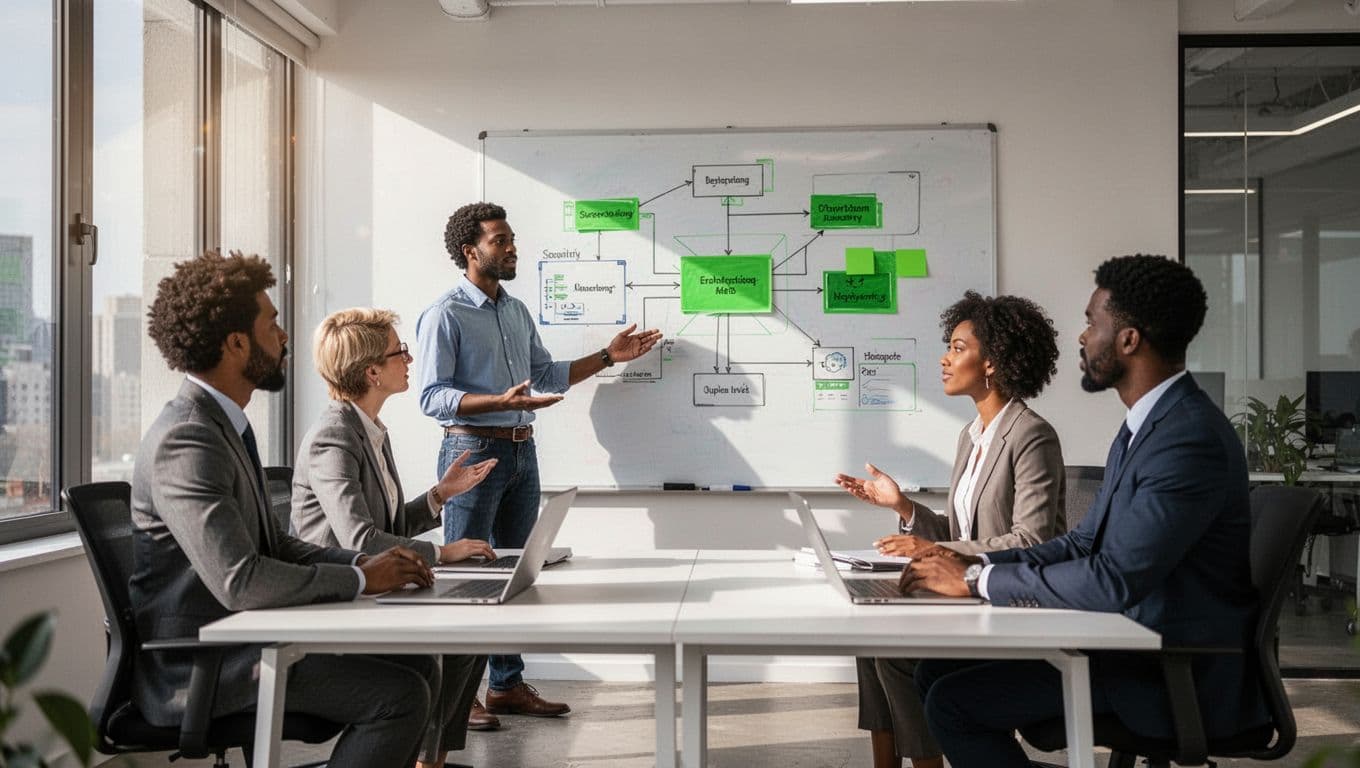 Modern illustration of a diverse team of four cybersecurity professionals in a modern office, one presenting a security architecture diagram on a whiteboard amid collaborative discussion.