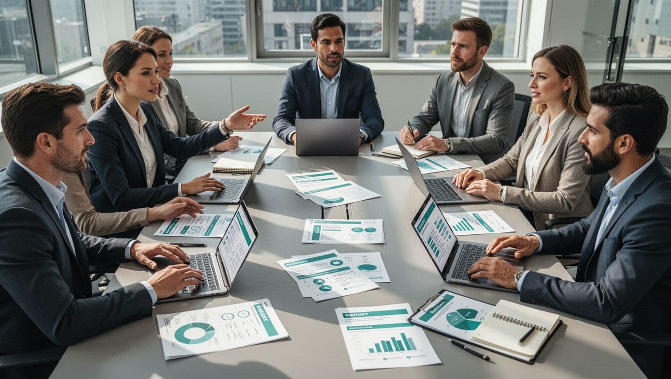 A professional team of six reviews cybersecurity training deliverables including customized modules, quizzes, and reports on a conference table with laptops and notebooks in a modern office setting. Modern illustration style with clean shapes, controlled colors, strong composition, and green accents on documents and graphs.