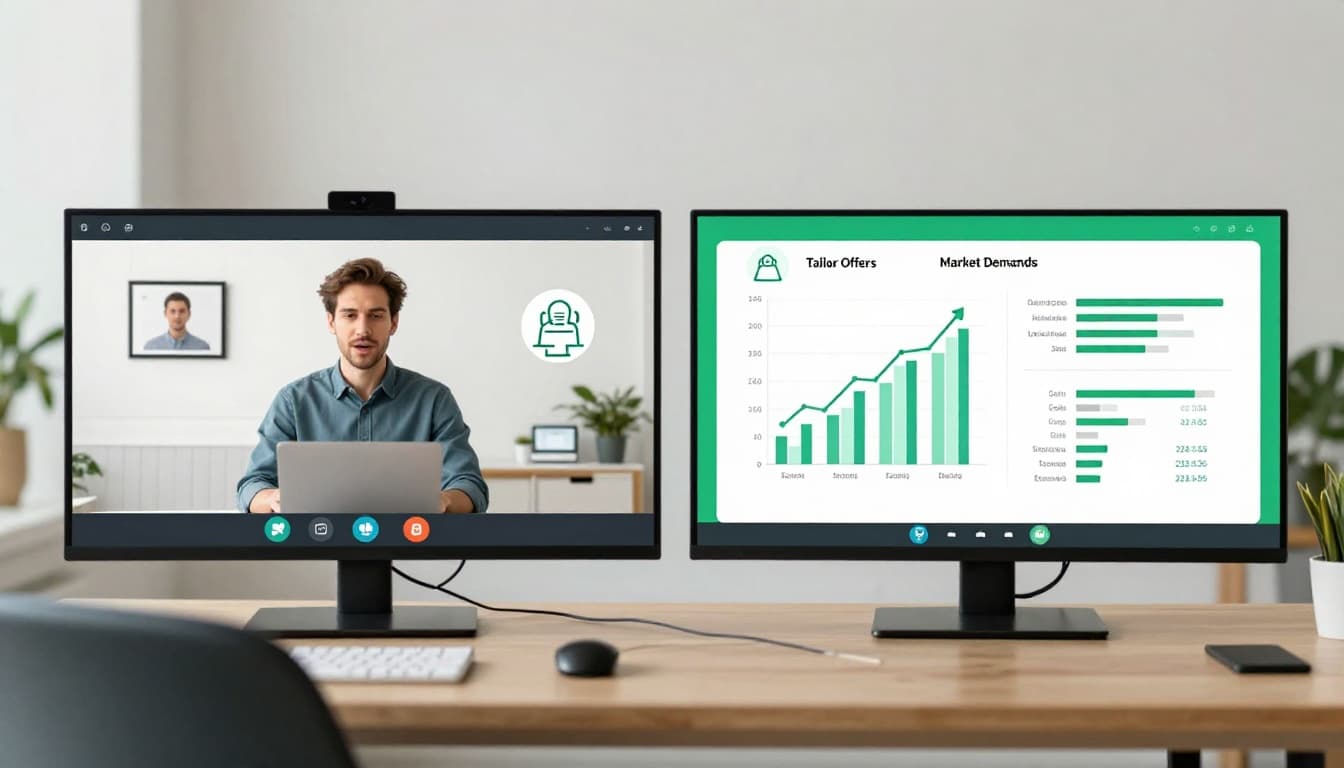 Modern split-screen illustration of a cybersecurity team leader in a professional home office discussing personalized job offer details with a remote candidate, featuring salary comparison charts and hybrid work icons accented in green.