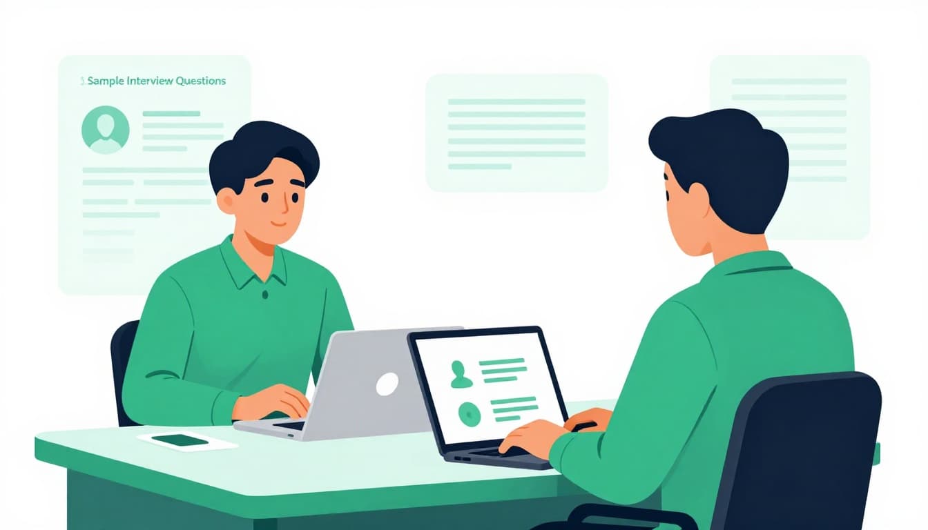 Modern split-composition illustration of two professionals in a virtual cybersecurity interview: one asking questions on a laptop, the other responding via screen in conference rooms, with clean shapes and green accents.