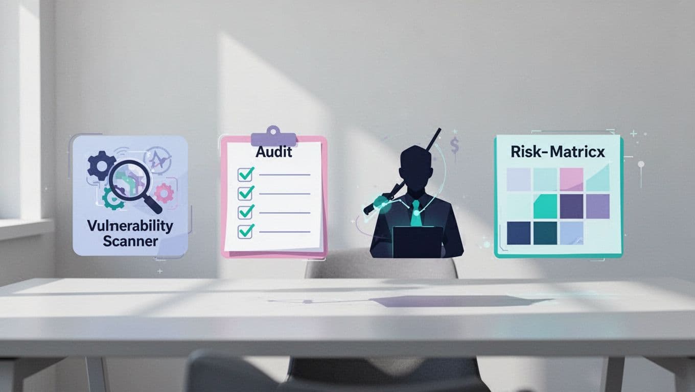 Modern side-by-side illustration of four cybersecurity services using simple icons: vulnerability assessment scanner, audit checklist, penetration test hacker silhouette, and risk assessment matrix in green. Clean shapes, consistent palette, office context, no text or people.