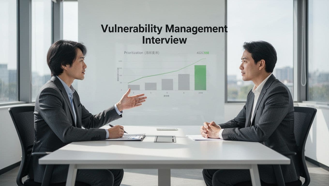 Two professionals at a desk discuss a vague prioritization chart in an office.