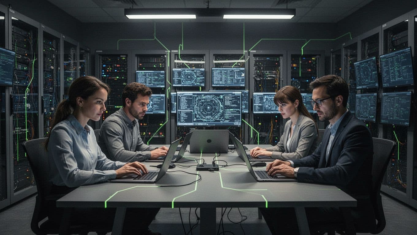 Modern illustration of a cybersecurity incident response team scaling up with two contract experts joining two permanent staff in a war room, laptops and servers in background, urgent controlled energy with green accents.