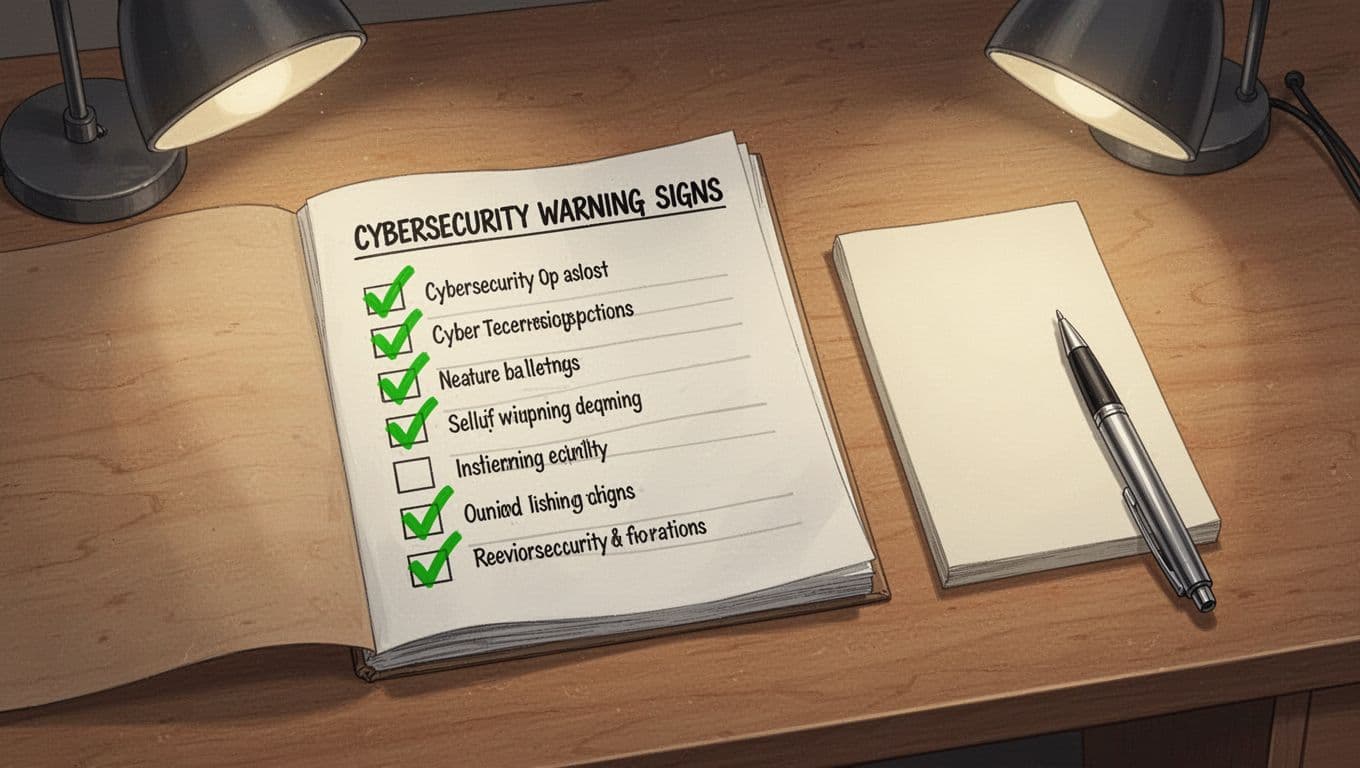 Top-down illustration of a checklist document with cybersecurity warning signs checked off in green (#22C55E) on a wooden desk next to a notepad and pen, under warm desk lamp lighting, modern clean lines, no people or extra text.