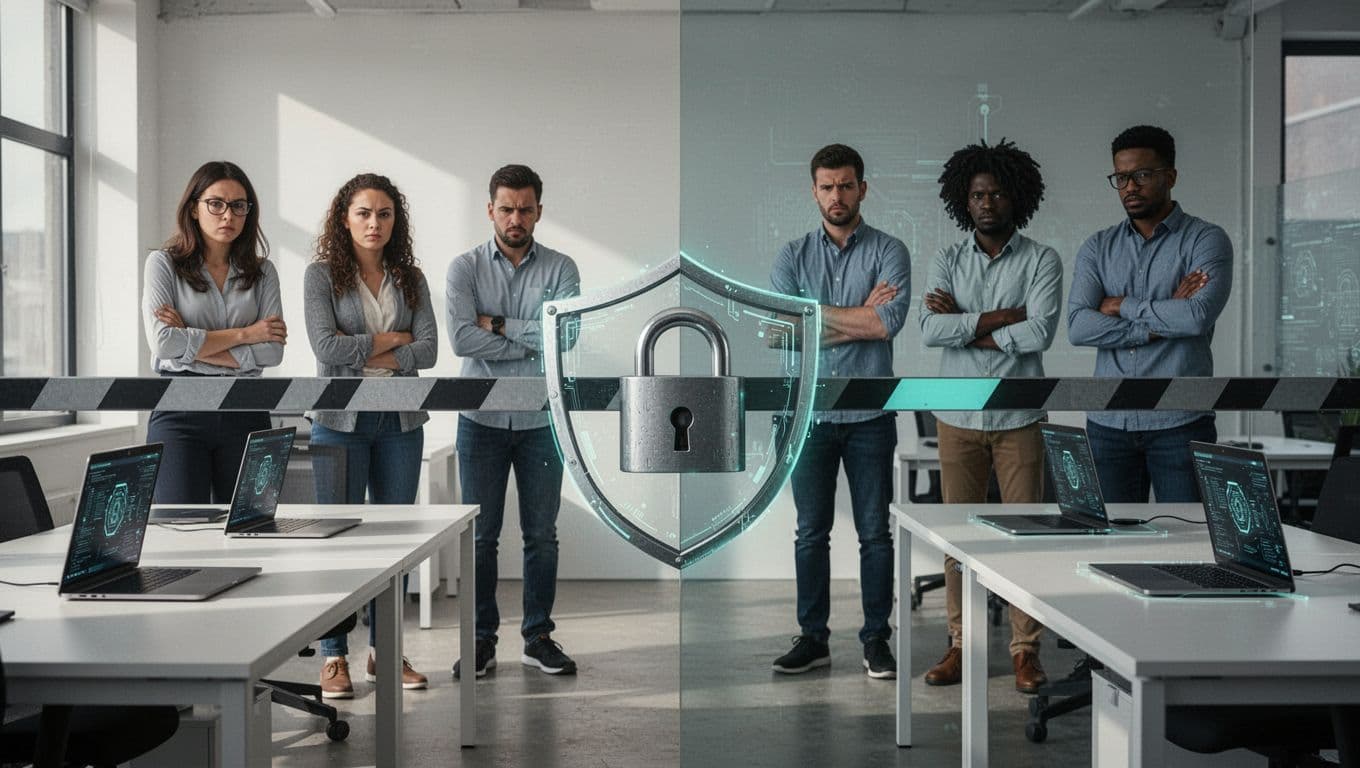 Modern illustration showing a massive gap in cybersecurity workforce: empty office desks with laptops and shields on one side, and a diverse group of five frustrated professionals (two women, three men from various ethnicities, ages 25-45) waiting outside a locked barrier on the other, with clean shapes, controlled colors, #22C55E accents, and natural daylight lighting.