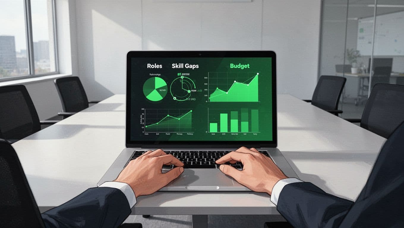 Modern illustration of a customizable cybersecurity workforce planning template on a laptop screen in a conference room, displaying charts for roles, skills gaps, and budget.