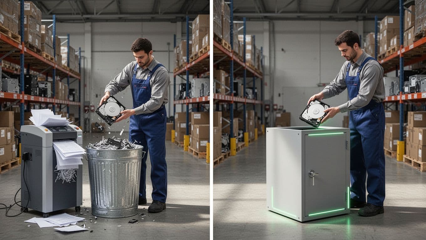 Modern illustration in a split warehouse composition contrasting common data disposal errors like throwing old drives in trash next to a shredder with proper destruction methods, even lighting and green accents on the correct side.