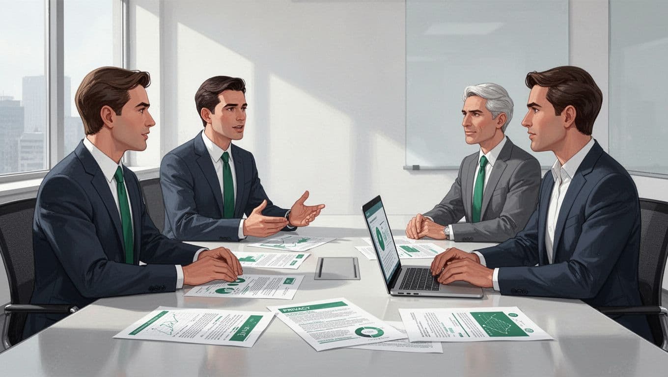 Modern illustration of a professional consultant in business attire discussing privacy strategy with two executives around a conference table with documents and laptop, side-angle view in natural lighting.