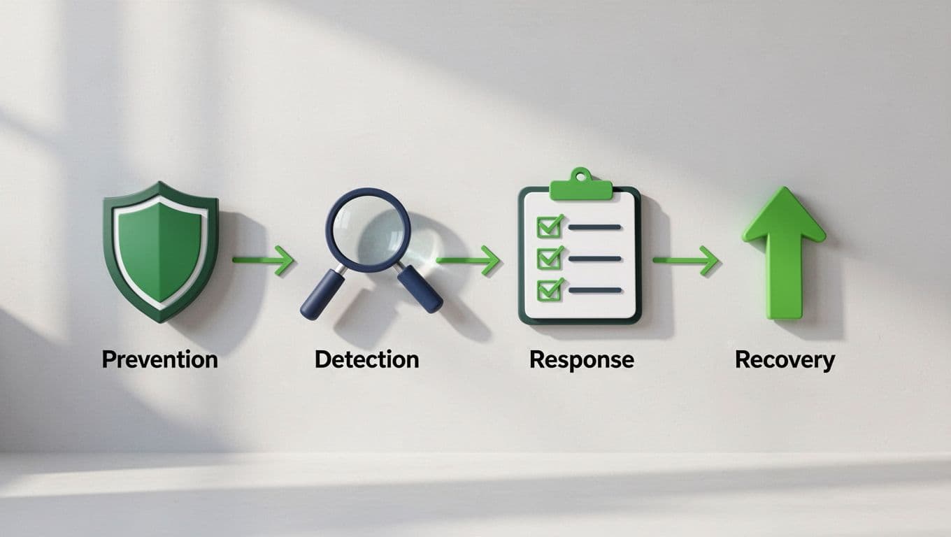 Simple flowchart with connected icons: prevention shield, detection magnifying glass, response checklist, recovery arrow, green accents.