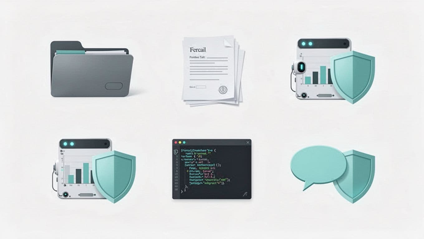 Modern illustration of diverse department icons including HR folder, legal documents, finance charts, engineering code, and support chat, each with integrated AI tools and green shields in a balanced grid composition.