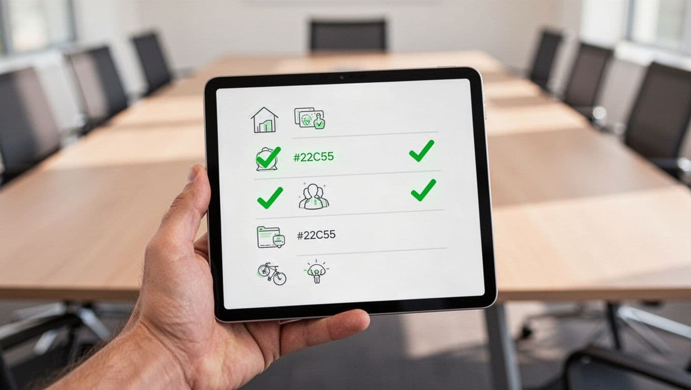 Hand holds tablet displaying icon-based checklist with green checkmarks against blurred conference table.