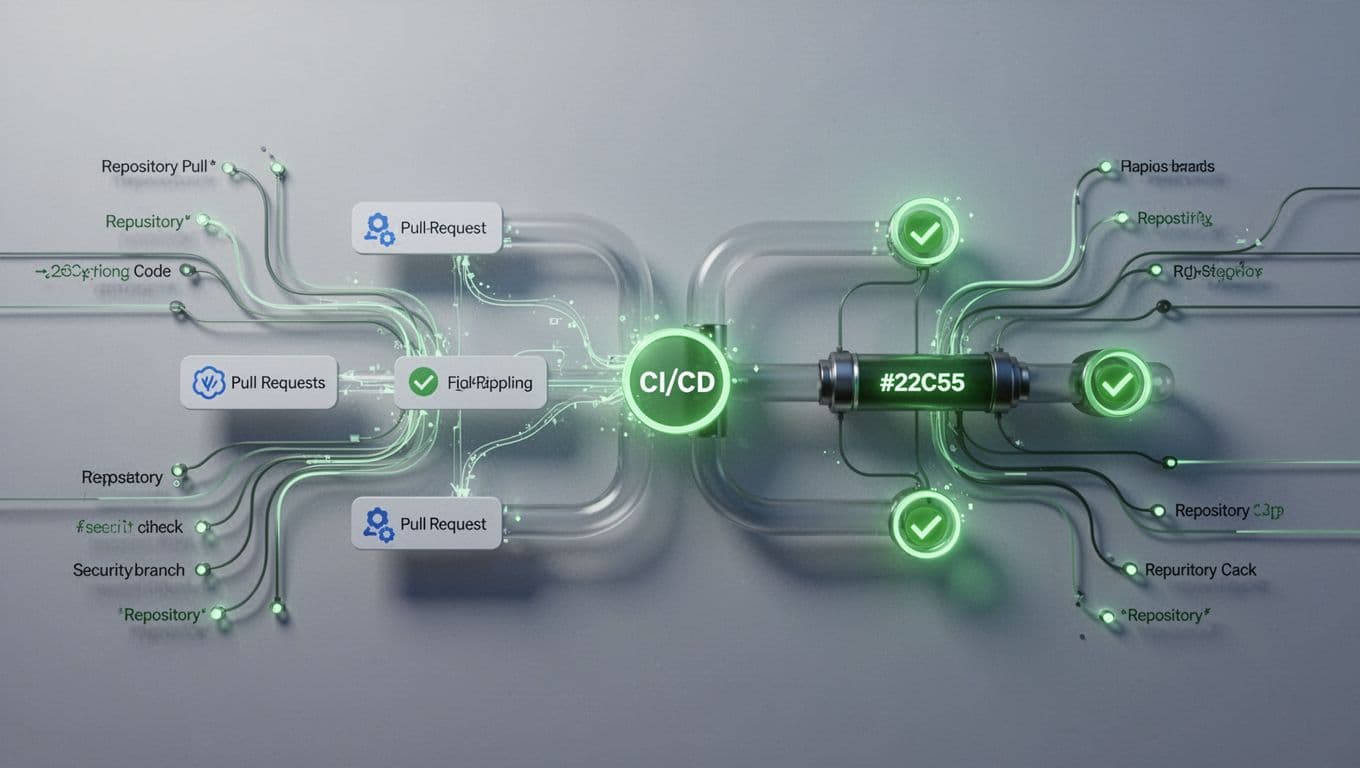 Dashboard illustration shows pull requests, CI/CD pipeline, repo branches, and green success indicators for security rules.