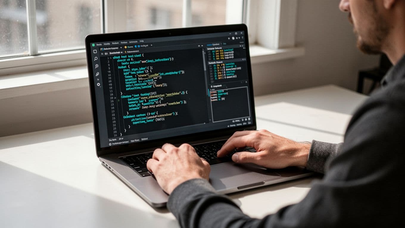 Detection engineer types Python code for endpoint detection rules in laptop code editor with terminal test output.