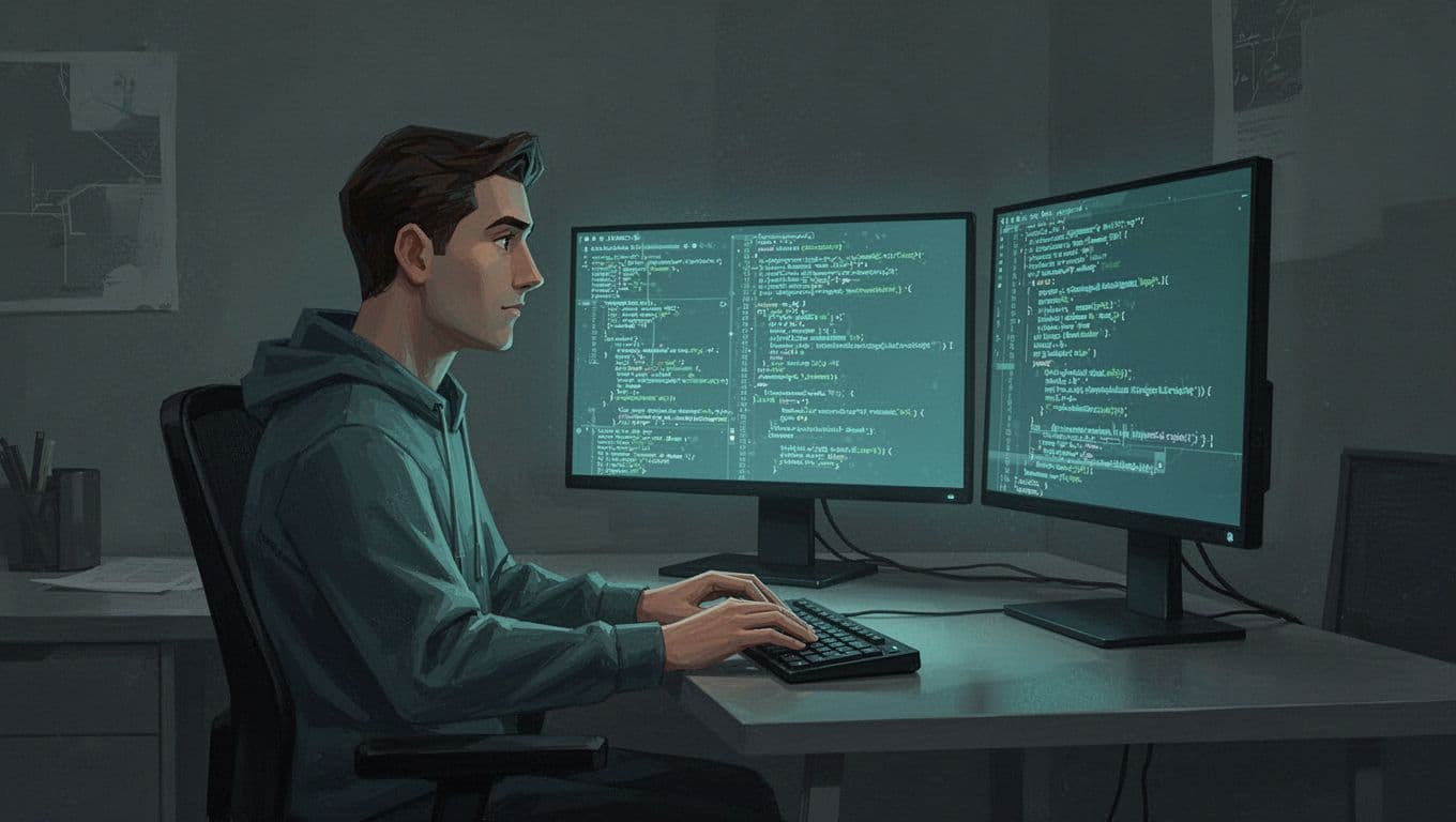 Modern illustration of a detection engineer in thoughtful pose writing Sigma rules on dual monitors in a dim office, with soft glow from screens and green accents on code highlights.