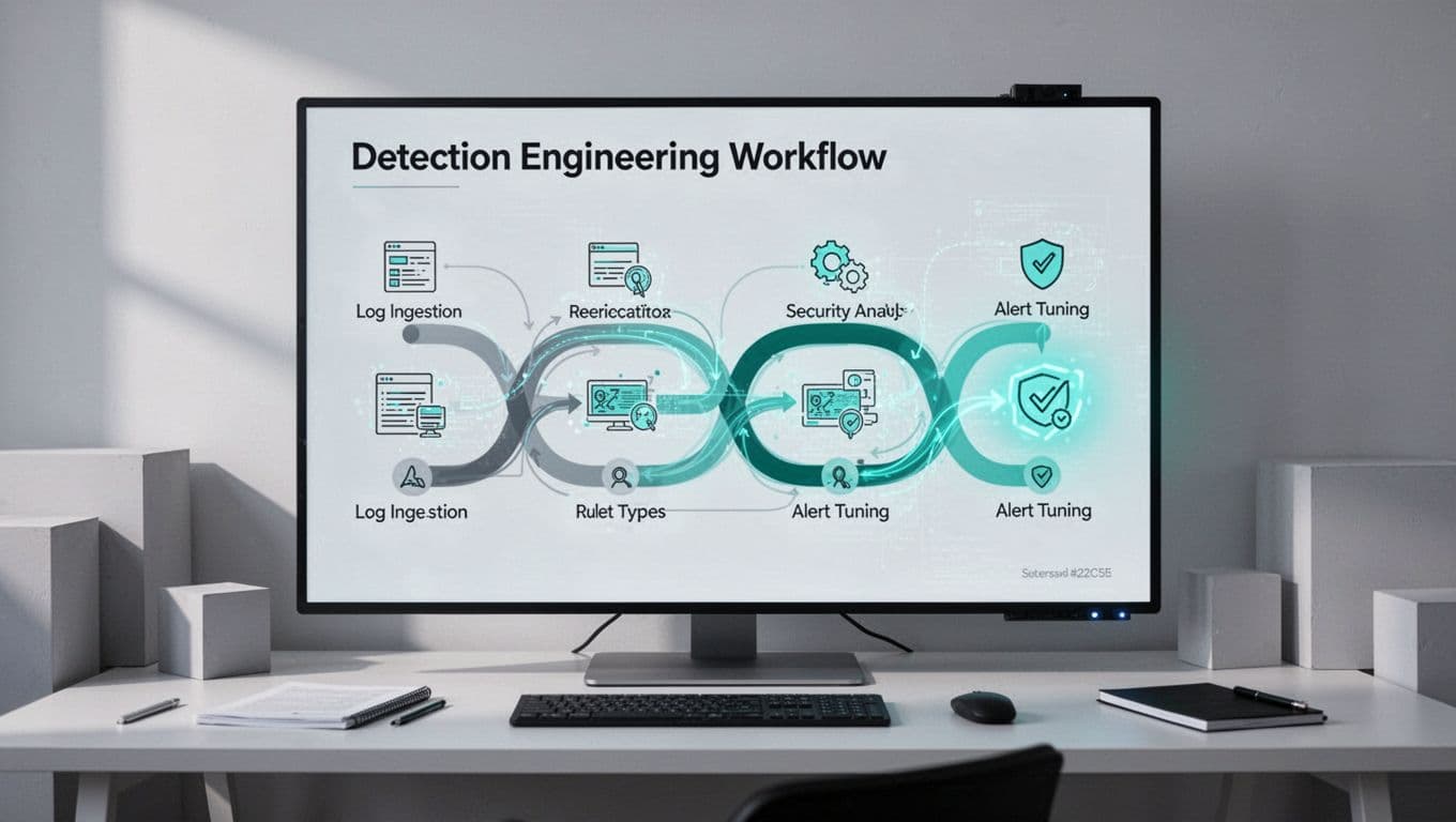 Flowchart on digital board shows detection engineering process from log ingestion to alert tuning with SIEM, YARA, Sigma icons on organized desk.