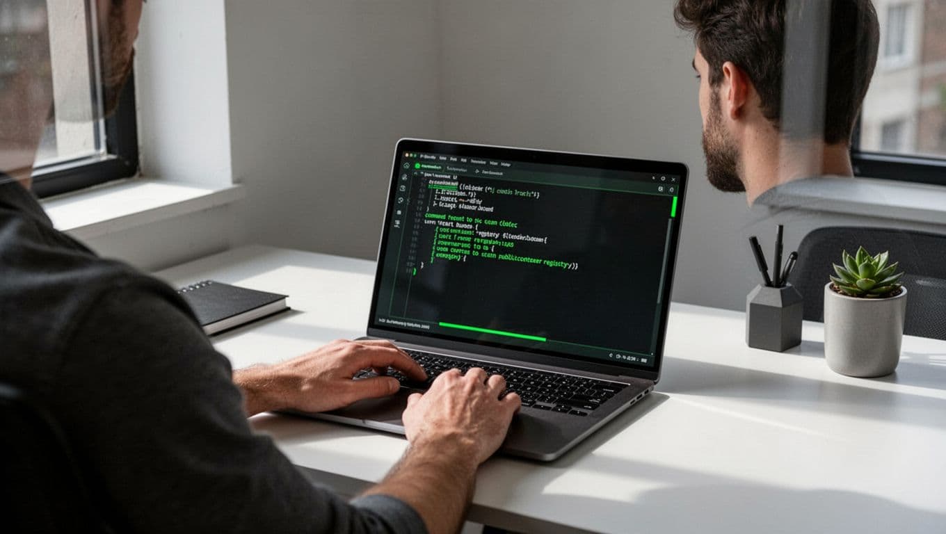 Developer at desk runs CLI command on laptop scanning container registry, terminal shows results with green highlights.