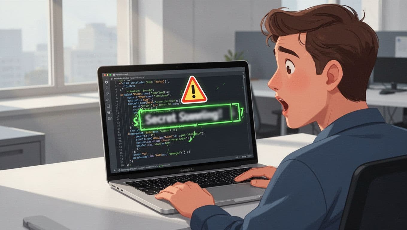 Modern illustration of a developer at a desk with a laptop screen showing code where an API key is accidentally committed to a public GitHub repository, key blurred, warning icons with green accents, office setting.