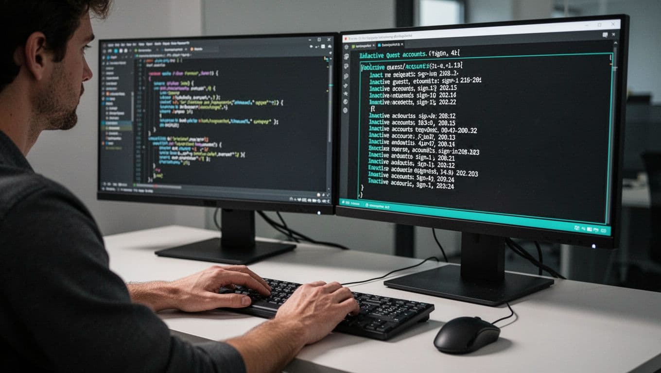 Developer at desk with dual monitors showing PowerShell terminal output for inactive Entra ID guest accounts.