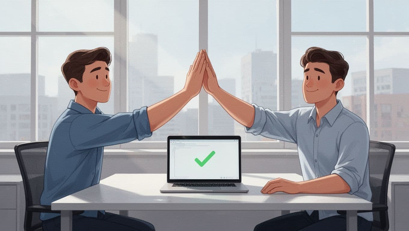 Two developers high-five in a bright office next to a laptop showing a green secure code checkmark.