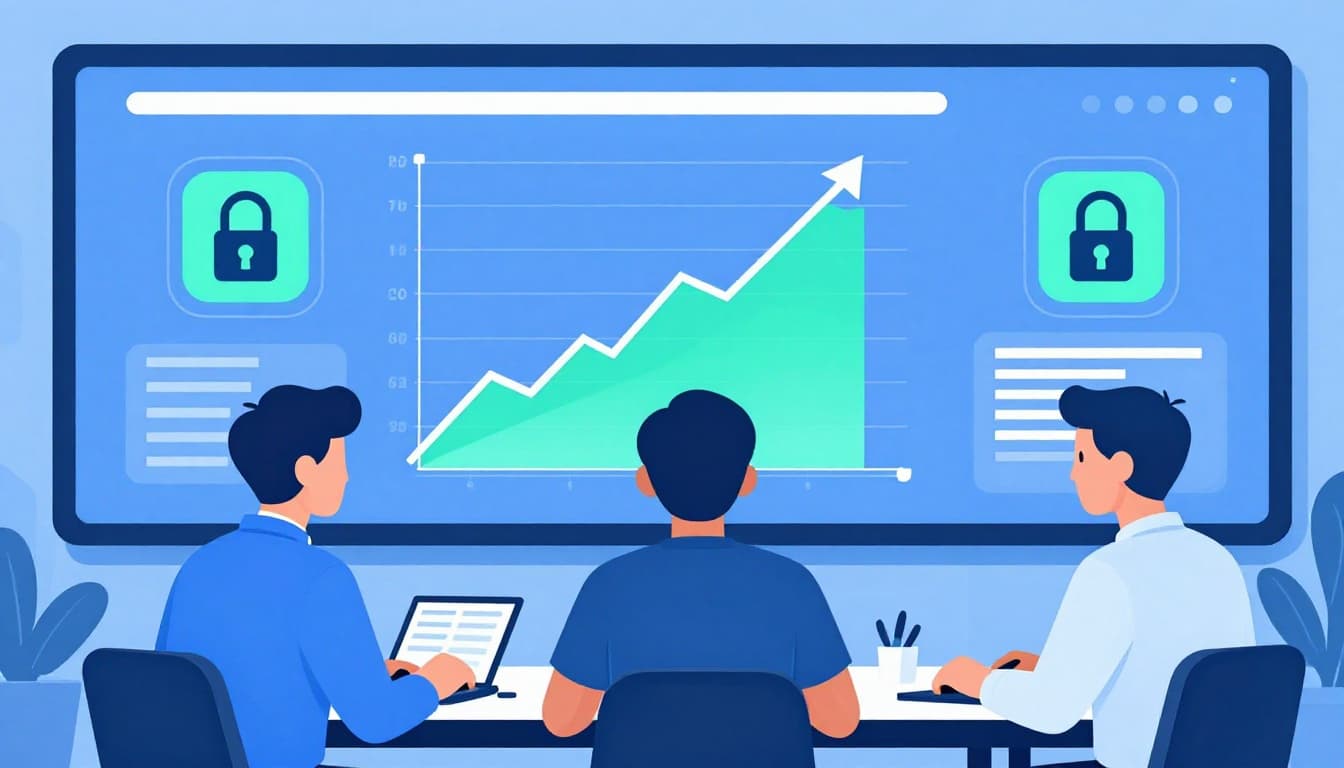 Modern illustration of a confident DevOps team of three in a bright meeting room, seated around a table discussing charts on a wall screen showing secure database icons with padlocks and upward trend graphs.