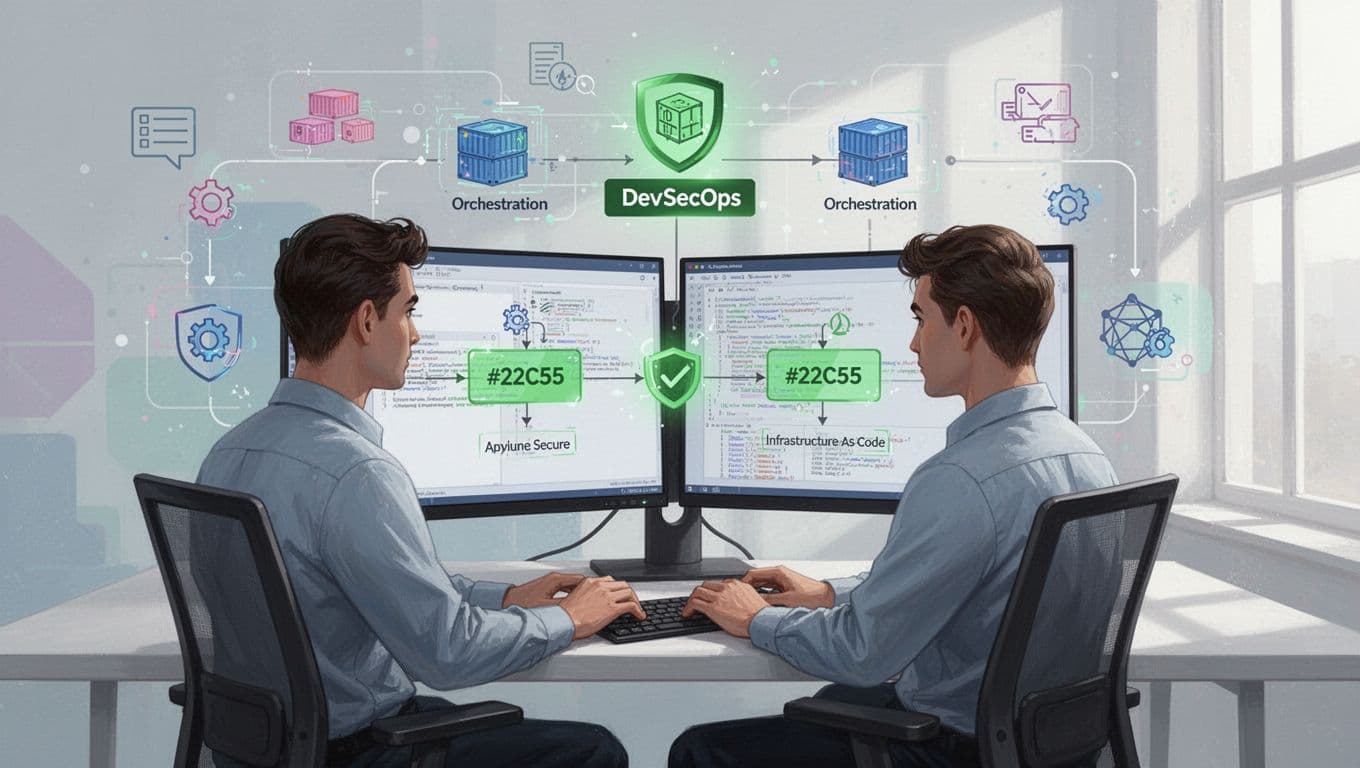 DevSecOps engineer at desk views secure CI/CD pipeline on dual screens with Kubernetes clusters and Terraform icons in background.