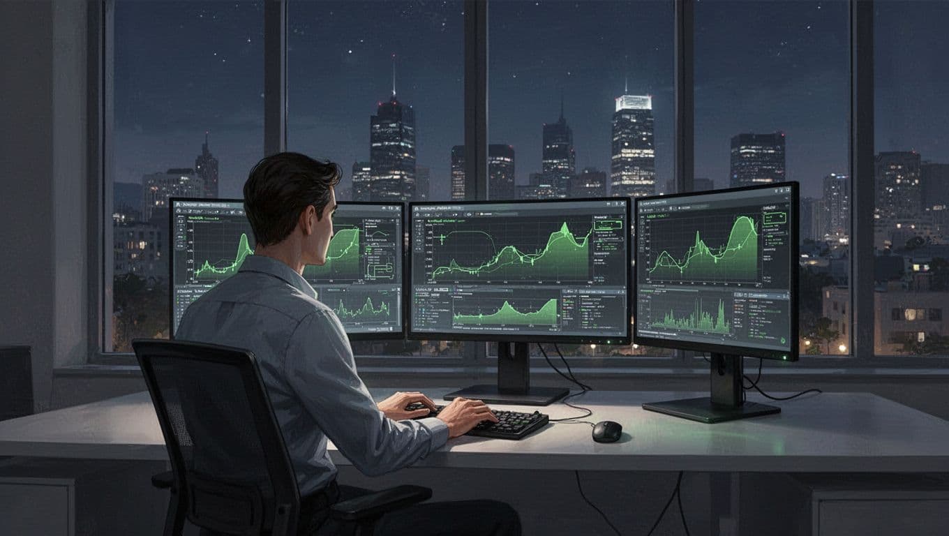 DevSecOps engineer seated at desk with dual monitors showing security charts, pass-fail badges, and graphs in night office with city view.