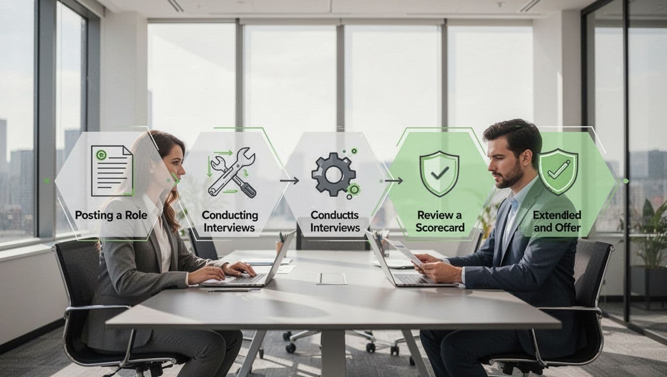 Illustration shows stages from job post to offer with icons for resumes, tools, security checks, and recruiter meeting engineer.