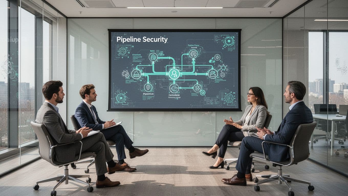 Candidate presents pipeline security diagram with green accents and cloud icons to three interviewers in conference room.