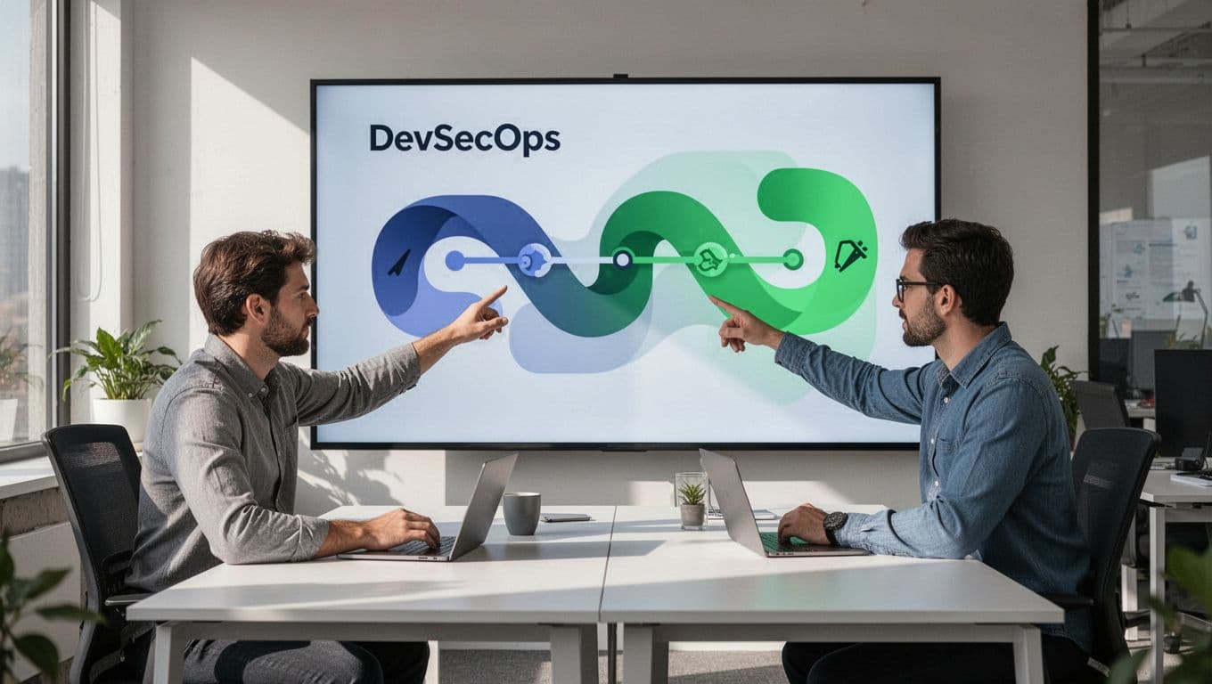 Modern illustration of a DevSecOps pipeline flowchart on a large screen with security scans integrated into CI/CD, developers and security professionals reviewing code together in a modern open office.