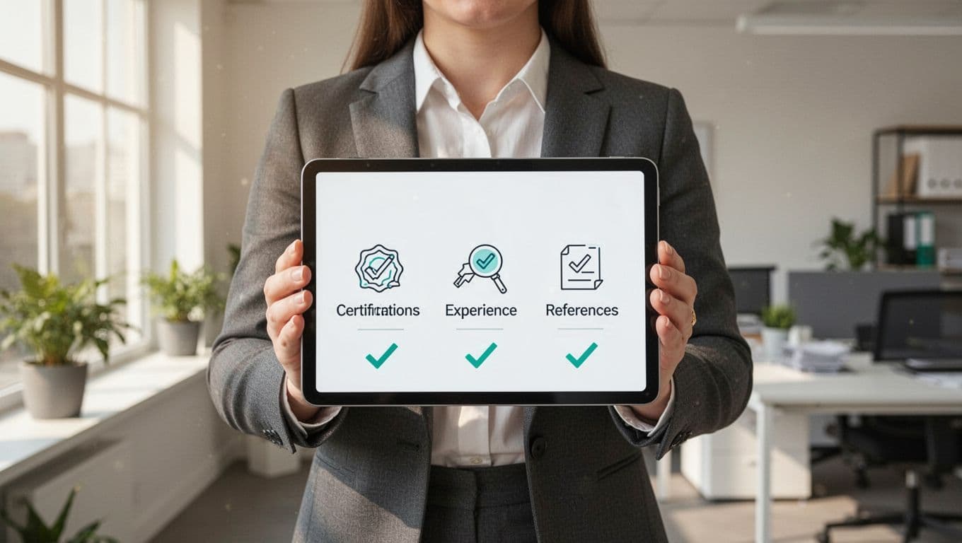 Modern illustration of a professional in an office holding a digital tablet with a checklist featuring icons for certifications, experience, and references, using clean shapes and green accents on checkmarks.