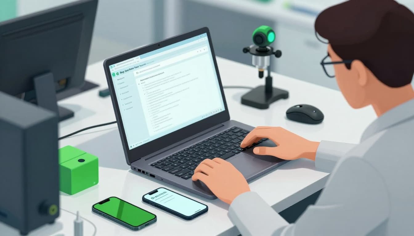 Modern illustration of a digital forensics consultant examining a laptop and mobile phone on a table with forensic tools in a secure lab, featuring clean shapes and professional lighting.