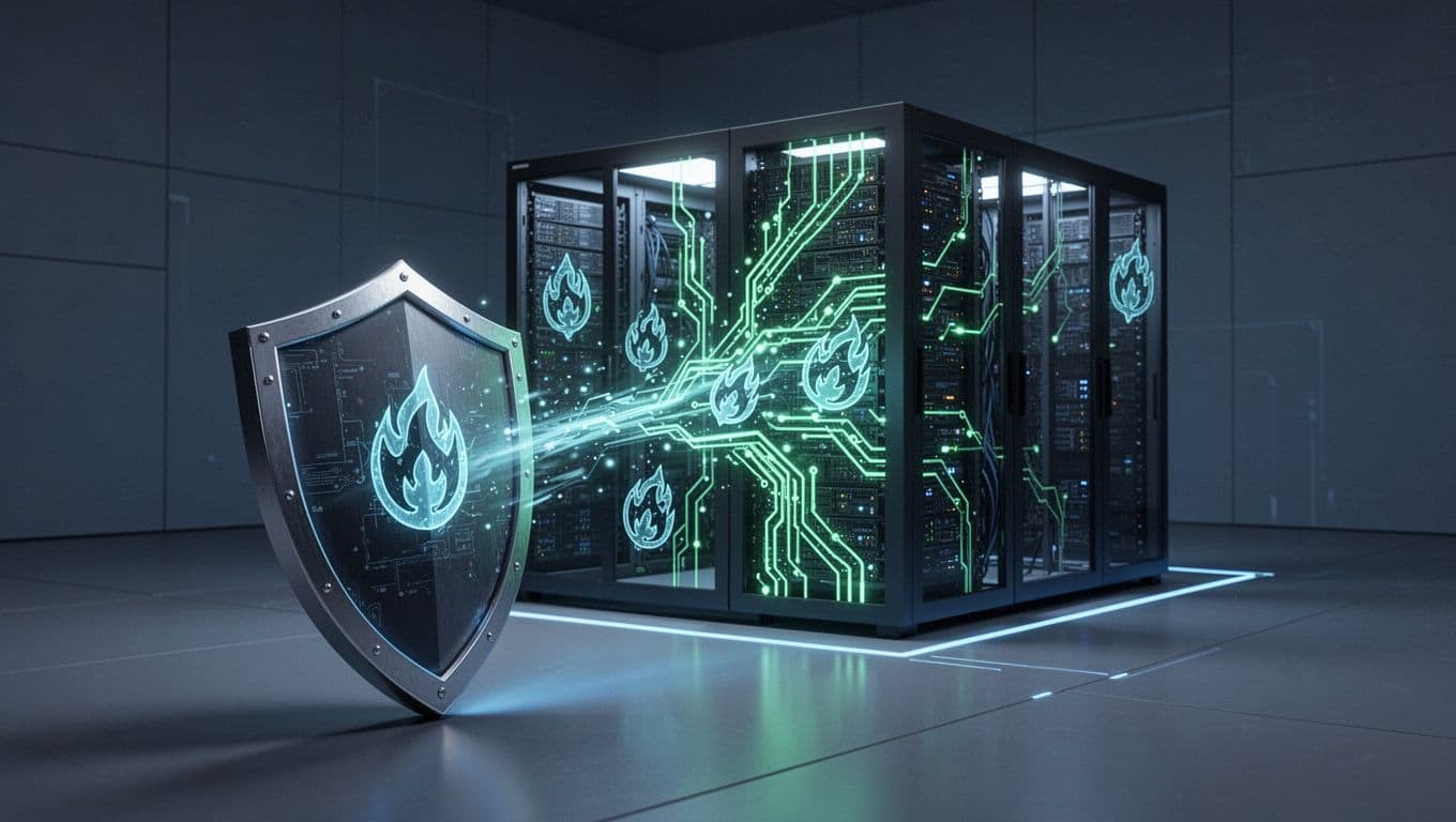 Modern illustration of a sturdy digital shield defending a business network from cyber threats like arrows and viruses, featuring a central server room with glowing green connections and soft blue lighting.