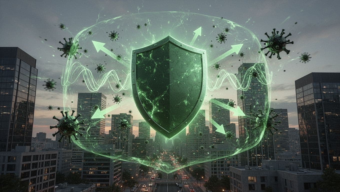 Modern abstract illustration of a glowing green digital shield protecting a city skyline from cyber attack arrows and viruses with dynamic low-angle composition.
