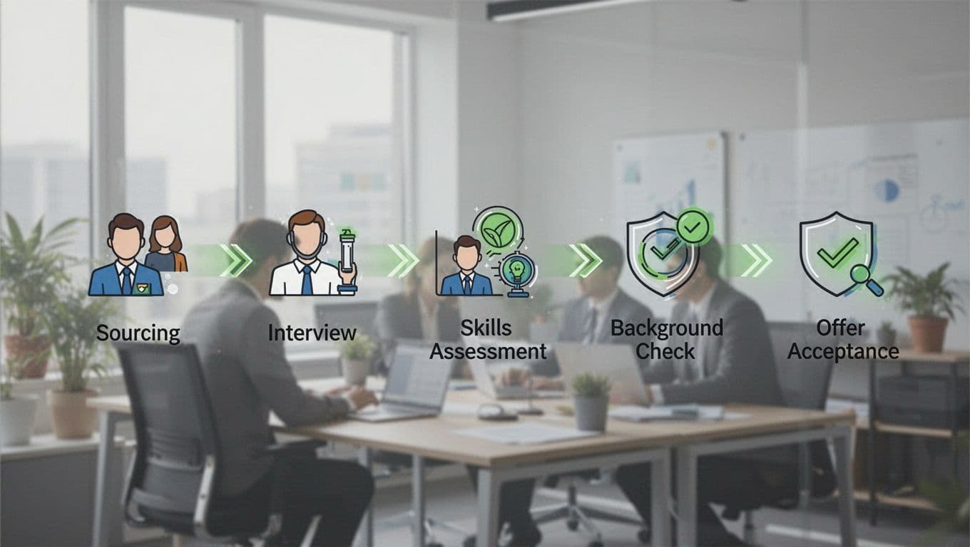 Horizontal visual timeline of direct hire process stages: sourcing candidates, interviews, skills assessment, background check, and offer acceptance, with simple icons flowing left to right on a professional office background in modern illustration style.