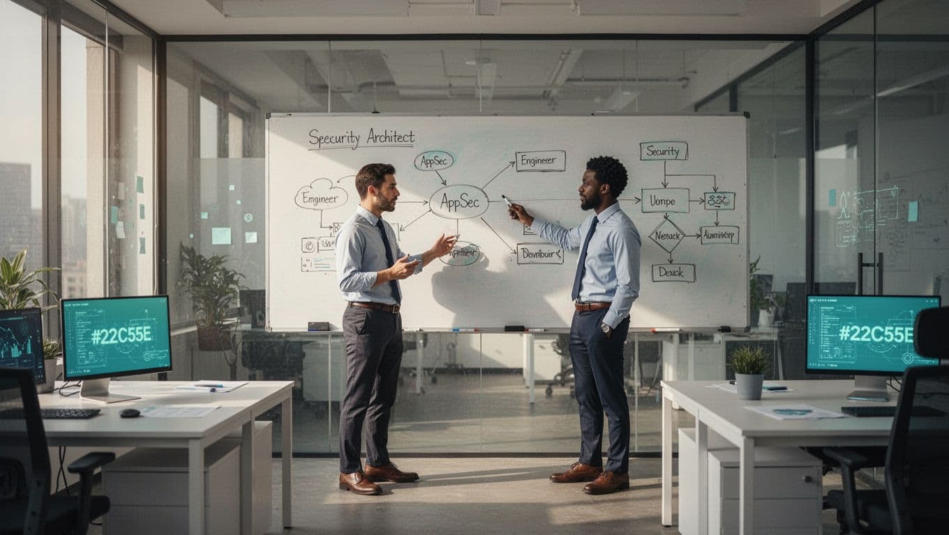 Modern illustration of three diverse application security professionals collaborating in a secure tech environment: an AppSec engineer at a whiteboard, a security architect with diagrams, and a DevSecOps specialist at a dashboard, featuring clean shapes, green accents, and soft office lighting.