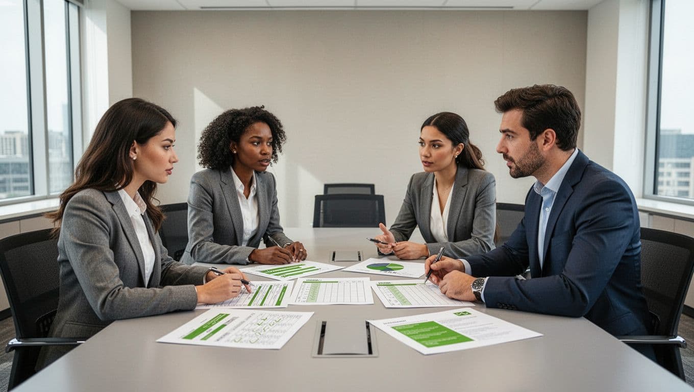 Modern illustration of a diverse team of four—two women and two men—in a conference room evaluating project readiness with charts and checklists on the table. Focused group discussion in bright natural lighting with clean shapes and green accents.