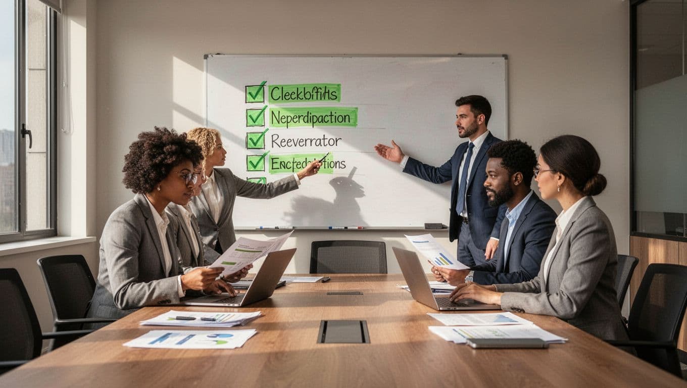 Modern illustration of a diverse business team in a conference room reviewing documents and laptops before onboarding a new consultant. One person points to a checklist on a whiteboard using clean shapes and #22C55E accents.