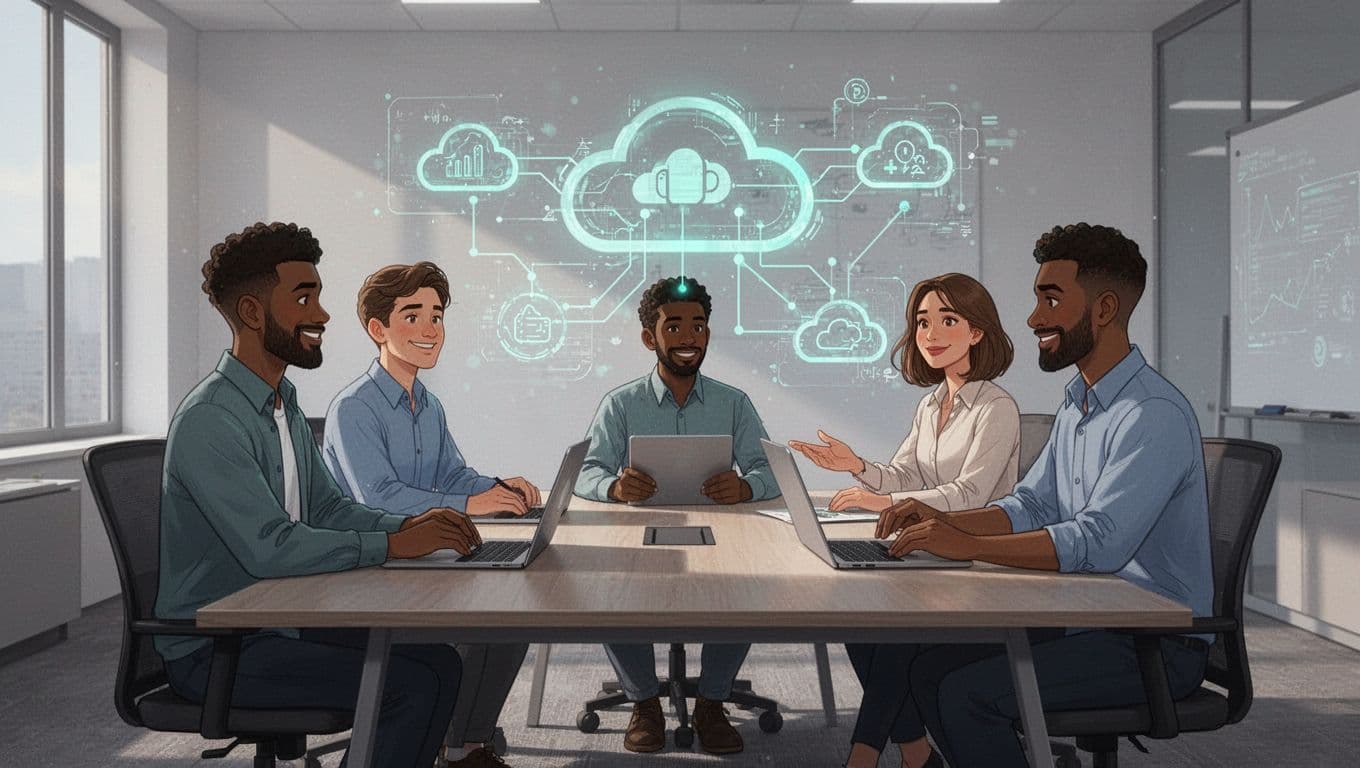 Modern illustration of a diverse team of three cloud security engineers collaborating around a conference table with holographic cloud icons and network diagrams floating above, featuring clean shapes, controlled colors with green accents, relaxed poses, and soft office lighting.