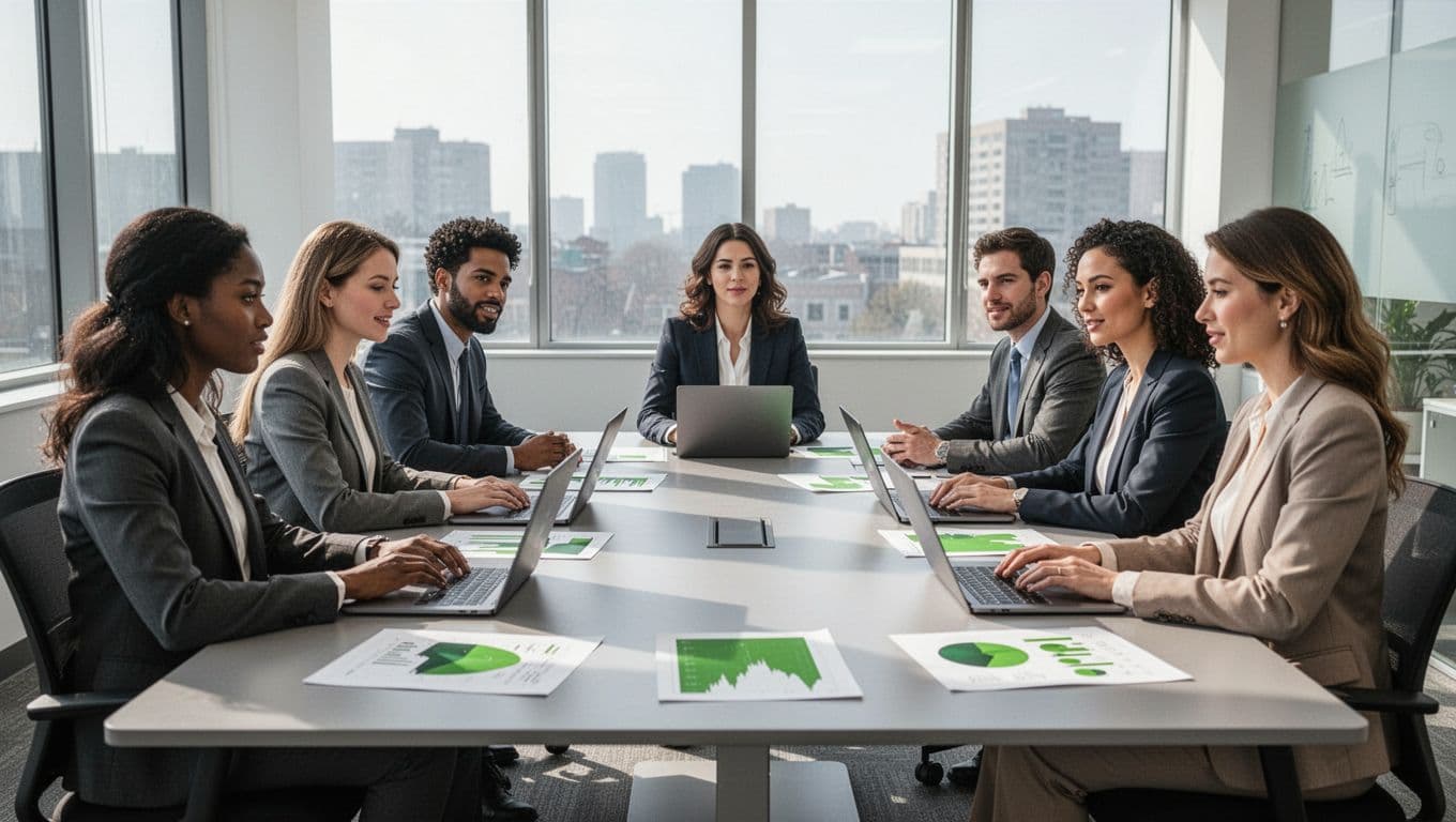 Modern illustration of five diverse professionals (security lead, engineer, legal expert, IT manager, business stakeholder) seated around a conference table in a bright office, actively discussing charts and laptops in a collaborative atmosphere with clean shapes and green accents.