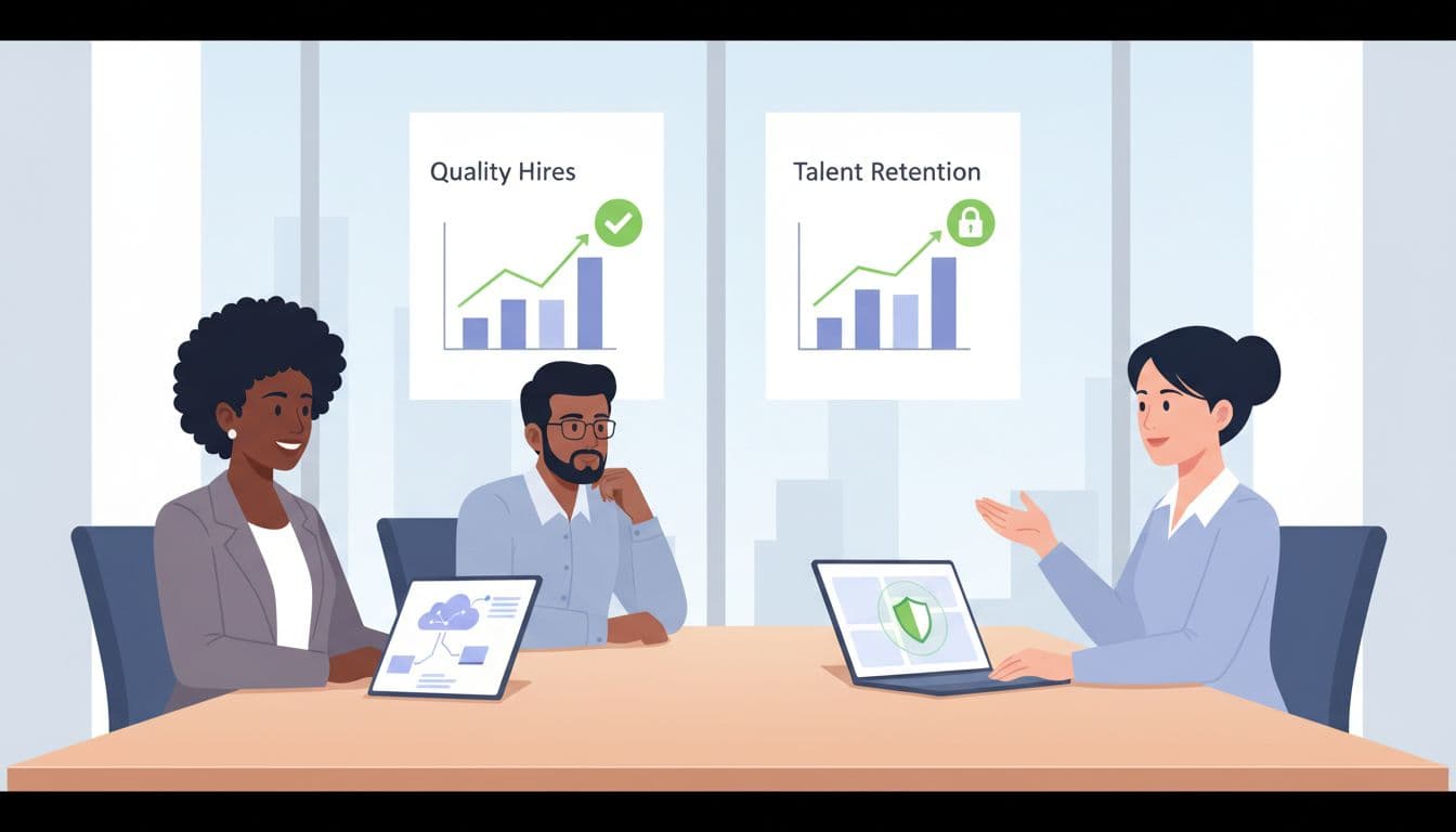 Two diverse cybersecurity candidates interview confidently with one interviewer in a meeting room with quality hires and retention charts on the wall.
